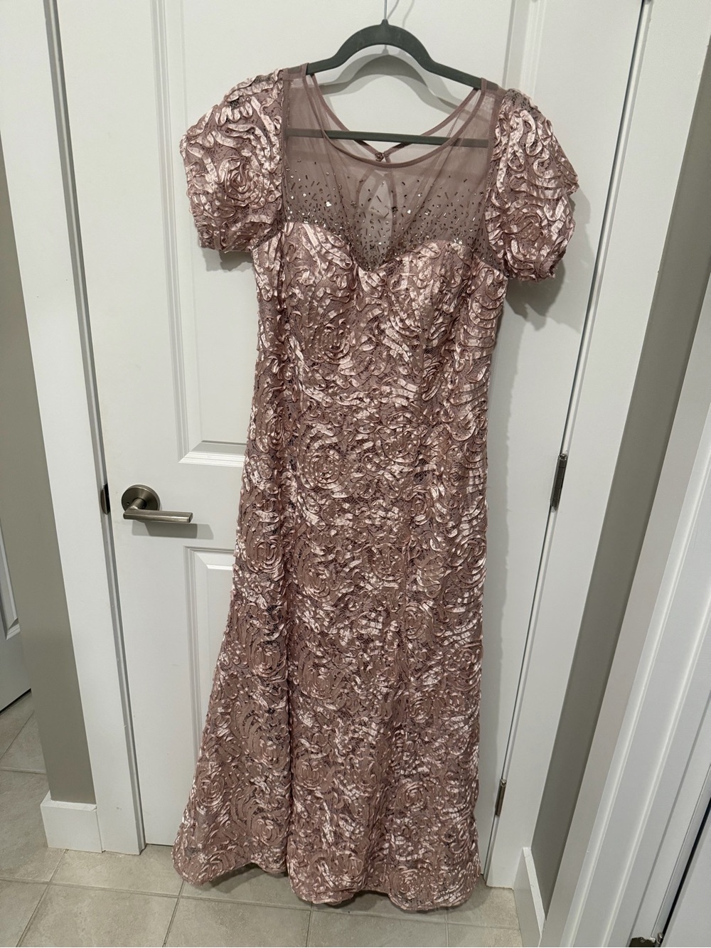 Rose Metallic Lace Maxi Dress with Sheer Yoke